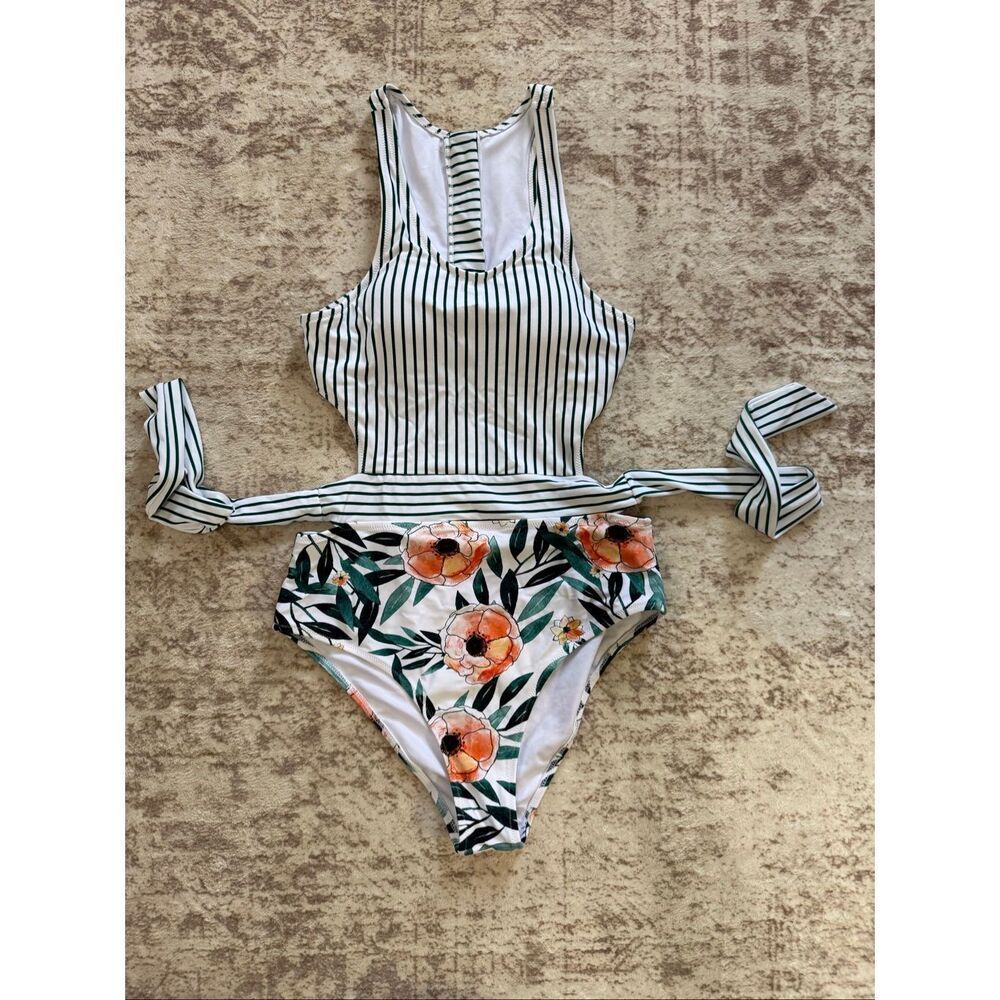 Cupshe White Black Striped & Floral One-Piece Swimsuit